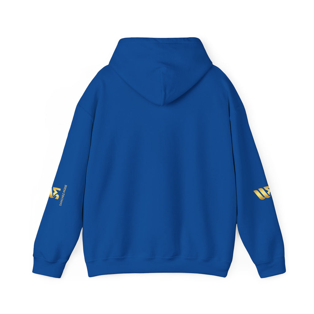 Minimal Gold Accent Hoodie — White Pullover with Subtle Geometric & Sleeve Gold Foil
